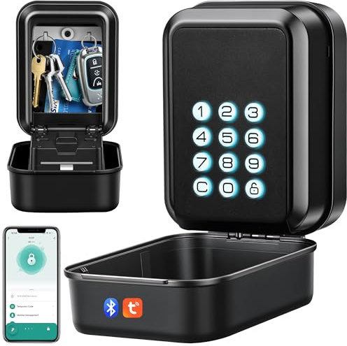 BTNEEU Smart Schlüsselbox Wandmontage Schlüsseltresor mit Zahlencode oder Bluetooth Tuya App-Steuerung Schlüsselsafe Aussen Elektronischer Schlüsselkasten Wasserdicht für AirBnB Büro Familie (Schwarz)