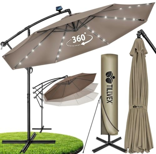 tillvex® Sonnenschirm Solar Ø 300/350 cm + Abdeckung & LED Beleuchtung | Ampelschirm mit Kurbel & Ständer | Gartenschirm Aluminium UV50+ | Alu Kurbelschirm Sonnenschutz Terrasse Garten wasserdicht