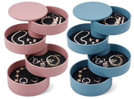 2 Stück Schmuckaufbewahrung Rund Drehbar, 10x10cm Schmuck Organizer | Schmuckkästchen Klein 4 Ebenen Drehbar Schmuckschatull SchmuckkäStchen MäDchen für Damen Ringe Ohrringe Halskette