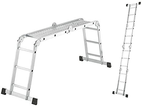 Hailo Scala universale M60 in alluminio, 4 x 3 pioli, portata fino a 150 kg, multiuso utilizzabile come piattaforma di lavoro antiscivolo, 6 giunti di sicurezza, colore argento