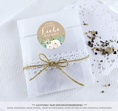 Blütensamen Tüten Set 24 Sticker LASST UNSERE LIEBE WACHSEN KRAFTPAPIER LOOK BOHO WEIß ROSEN ZWEIGE EUKALYPTUS GRÜN Ø 4cm matt + 24 Flachbeutel weiß 130 x 95 + 16 mm Hochzeit Taufe
