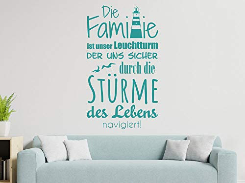 GRAZDesign Wandtattoo Wohnzimmer Familie Sprüche, Wandaufkleber Aufkleber maritim mit Leuchtturm, Familienspruch selbstklebend, 88x50cm (HxB), 054 türkis