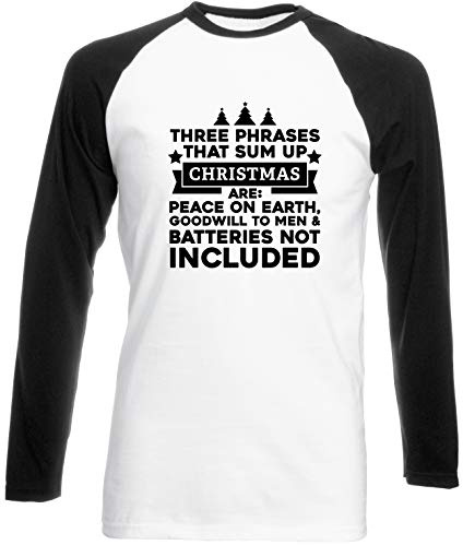 Hippowarehouse Three Phrases that Sum up Christmas are: Peace on Earth, Goodwill to Men and Batteries not Included Unisex Long Sleeve Baseball Two Tone t-Shirt