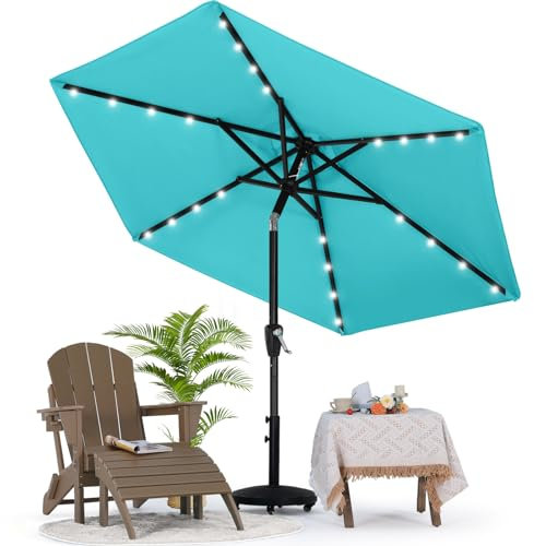 MasterCanopy 230 cm Sonnenschirm neigungsverstellbar, mit 24 Solar-LED, 6 Rippen und Kurbel, für Patio, Garten, Terrasse, Markt, Türkis