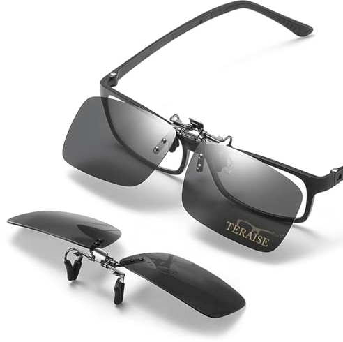 TERAISE Polarisierte Sonnenbrille Clip über Brillen Blendschutz UV400 clip on sonnenbrille für Männer Frauen Fahren (Black-upgrade Flip)