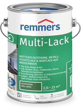 Remmers Multi-Lack 3in1 moosgrün (RAL 6005), 2,5 Liter, Wetterschutzfarbe, Metallschutzlack & Buntlack auf Wasserbasis für Holz, Metall & PVC