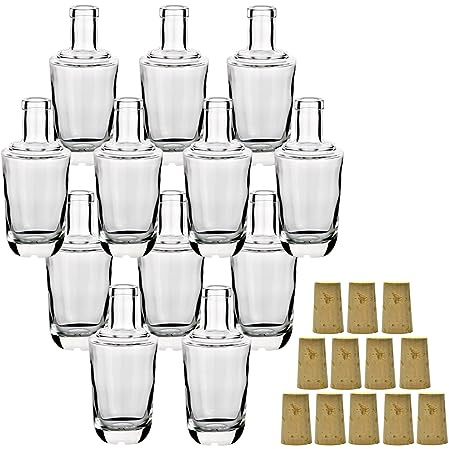 gouveo 12er Set Glasflaschen 250 ml (0,25 l) Glasflasche 250 ml Alchimia mit konischem Korken (Spitzkorken) Klarglas rund, kurze Halsform, zum Abfüllen & Dekorieren (SK)
