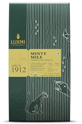Luxmi Estates Minty Mile Organic Chamomile Mint Green Tea (25 Tea Bags) Low Caffeine Tea Bags For Relaxing, Calming, and Stress Relief, With Certified Organic Darjeeling Makaibari Green Tea