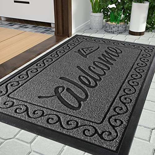 Yimobra welcome door mat, Heavy Duty Sturdy Front Mats for Home Entrance Outdoor Indoor,Non Slip Backing, Exterior Mats for Outside Patio Porch Farmhouse, 75 x 43 cm, Black Gray