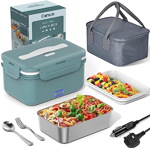 Carsolt Electric Lunch Box Adults with Insulated Lunch Bag, 100W Quick Heating Food, Thermal Lunchbox with 1.8L 304 SS Container, Spoon and Fork, Ideal Gifts for Car Truck Drivers