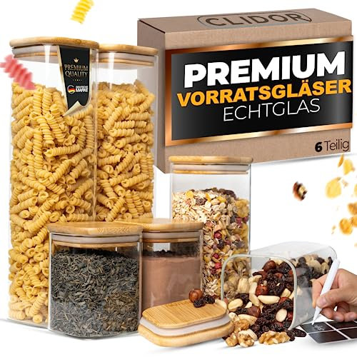 CLIDOR Vorratsgläser mit Deckel, Eckig - 6er Set - 5,6L Vol., Erhöhte Glasstärke, Vorratsdosen mit Deckel luftdicht, Aufbewahrungsbox Küche für alle Lebensmittel, Glasbehälter, Küchen Organizer