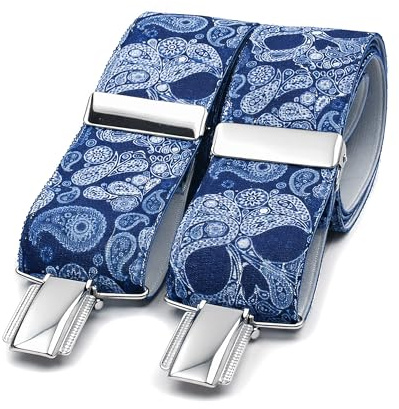 Tirantes Hombre Hechos a mano en España. Tirantes para pantalones hombre | 3 Pinzas extrafuertes | Color azul con calaveras y Cachemire (Cachemir Calaveras)
