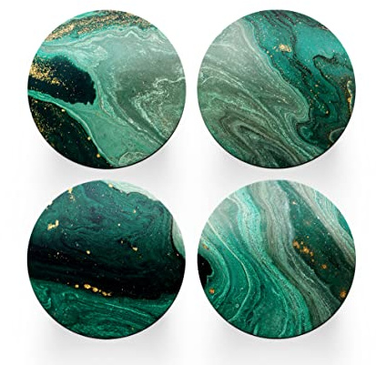 4 x Round Art Deco Coasters - Agate Green Abstract Set Theme Women House Warming Circle Drinks Kitchen Table Decoration Décor Gift #78323