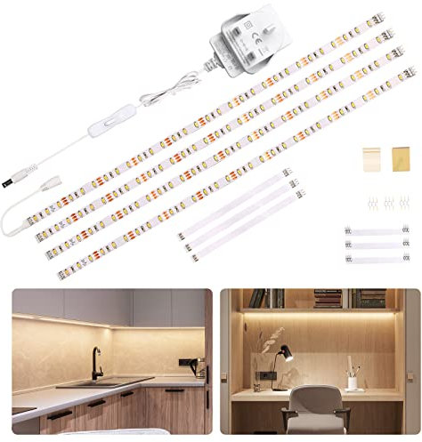 WOBANE Under Cabinet Lighting Kit,Flexible 4 x 50cm LED Strip Lights,Super Bright Under Counter Lights for Kitchen,Cupboard,Desk,Monitor Back,Shelf,DIY Tape Light,4000K Natural White,12v Adapter