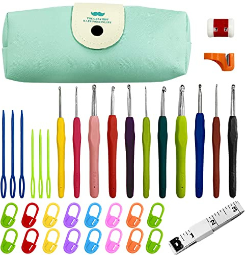 Kit uncinetto portatile con custodia, set di 37 uncinetti colorati a grandezza naturale con manico morbido, adatto per principianti (2.0 mm-8.0 mm)