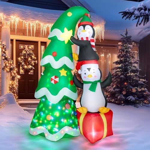 Wothfav Aufblasbarer Weihnachtsbaum mit zwei Pinguinen, eingebautes rotierendes LED-Licht für Party-Dekorationen, Weihnachten, aufblasbare Outdoor-Party-Dekorationen für Garten, Terrasse, Rasen