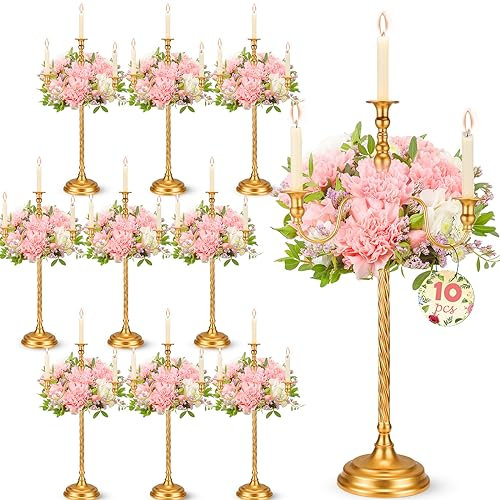 Bokon 10 Pcs Gold Candelabra Bulk Tall Floor Candelabra 28 inch Wedding Candelabra Centerpiece Metal Candlestick Taper Candle Holder Floral Candelabra for Wedding Table Fireplace Decoration