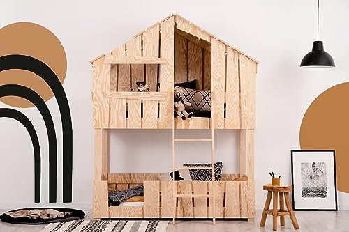KidooCrafts Handgefertigtes Holzbett für Kleinkinder 70x160cm – Baumhaus-Etagenbett für Kleinkinder – Cottage-Bett – Etagenhütte – Spielhaus-Hochbett - Einzigartiges Hausdesign