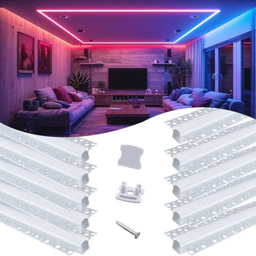 Muzata 10Pack 6.6ft/2M Plaster in LED Channel Trimless Recessed LED Strip Diffuser Channel Spotless Deeper Wider for Drywall Ceiling Wall U117 WW 2M
