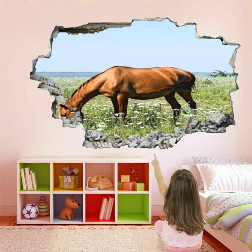 3D Durchbruch Wandtattoo Mädchen Kinderzimmer Braunes Pferd Wandaufkleber Dekorative Wiesenblume Abnehmbare Wandsticker Vinyl für Junge Teenager Zimmer Wohnzimmer Schlafzimmer Wandbilder Deko