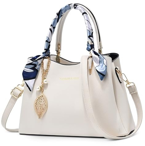 DIRRONA Mode Damen Handtasche Elegante Umhängetaschen Arbeit Party Reisen Geschäft Crossbody Tasche Blatt Anhänger Mittel Lässig Pu Leder Wasserdicht Schultertasche Henkeltasche Weiß