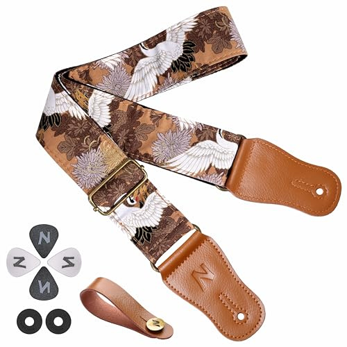 Nefelibata Japanischer Baumwollgitarrengurt für Akustikgitarre, Ukulele, kostenloser Kopfplattengurt-Adapter mit Schnalle, Gitarrenplektren und Gurtschloss