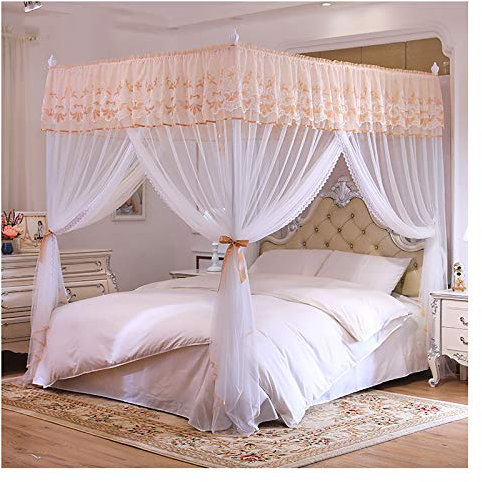 4-Eckpfosten-Prinzessin-Bettvorhang-Baldachin für Mädchen, elegant, 3 Öffnungen, verschlüsselte Himmelbettvorhänge, Moskitonetz mit Halterung (Größe: 150 x 200 x 200 cm, Farbe: B)