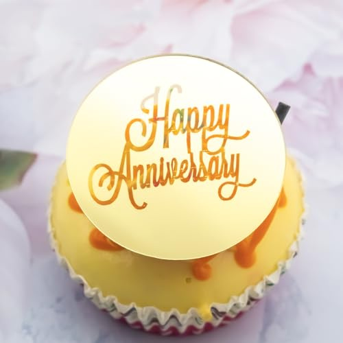 3 Little Desserts 'Happy Anniversary' Cupcake Toppers Engraved Discs - Pack of 6 - Anniversary Party Cupcake Toppers - Celebration Cake Toppers - Acrylic Cake Topper - Gold