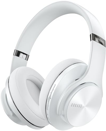 DOQAUS Trådlösa Hörlurar Bluetooth Over Ear Med 3 EQ-lägen, 90 Timmar Speltid Vikbara Bluetooth Hörlurar med Mikrofon, Mjukt Minneprotein, Trådlöst &Trådbundet Läge för Smartphone PC TV(Vit)