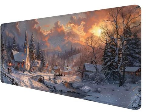 Mauspad XXL, 800x400mm Gaming Mauspad Winter, XXL Mousepad Groß mit rutschfeste Gummibasis, Mauspad Kleinstadt Wasserdicht & rutschfest, Großer Erweiterter Schreibtischunterlage für Home Office V-4
