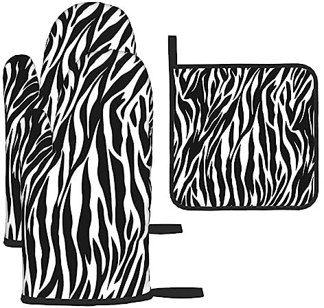 Oven Mitts and Pot Holders 3 pcs Set Cooking Glove Zebra Print Oven Mitt Heat Resistant Oven Glove for Cooking Kitchen Oven Gloves Non-Slip Oven Mittens for Microwave Baking BBQ