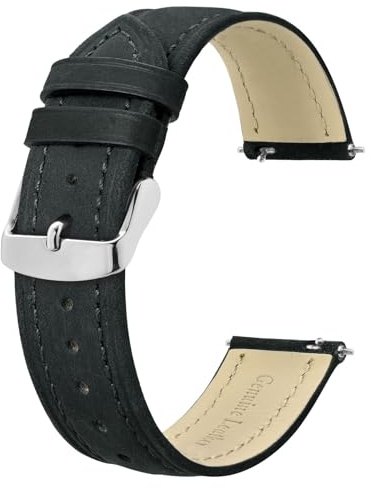 BISONSTRAP Extra Lange Armband 20mm, Leder Uhrenarmband für Herren, XL Ersatzarmband für Große Handgelenke, Schwarz (Silberne Schnalle)