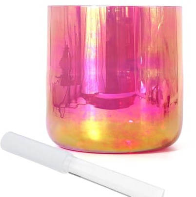Ciotola di cristallo alchemico rosa da 8 pollici, ciotola sonora for chakra, regalo for yoga, meditazione, guarigione sonora, con percussore in acrilico e anello di tenuta(F Note)