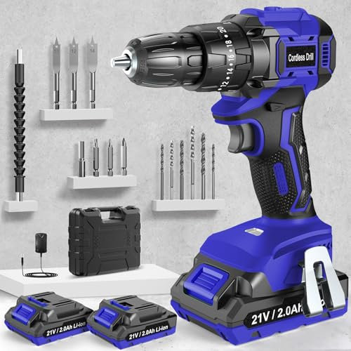 CEEIGOO Cordless Drill 21V, Brushless Cordless Hammer Drill with 2 Batteries 2000mAh, 20+3 Torque, PowerDrill 45N.m Max, LED Light, 2 Speed, 14PCS Accessories for Home and Garden DIY Project