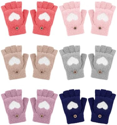 Fourluoo 6 Pair Kids Fingerless Gloves for Girl Winter Warm Convertible Flip Top Gloves Knit Half Finger Mitten for 8-15 Year(Classic)