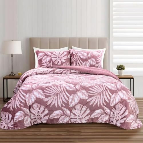 Bettdecke 200x220 Ohne Bezug Nutzbar, Druck Von Blütenblättern Bettdecken Waschbar Ganzjahresdecke Retro 4 Jahreszeiten Steppdecke, Bettzeug Microfaser mit 2 Kissenbezug für Sommer Winter Doppelbett
