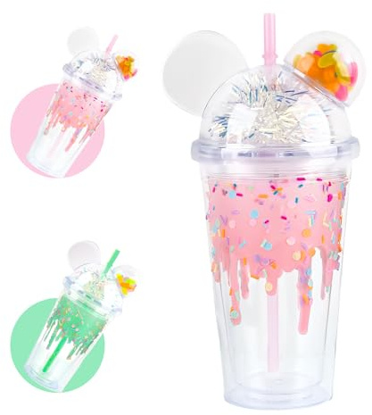SilverChry Trinkbecher mit Strohhalm und Deckel 450ml, Eiskaffee Becher, Trinkbecher Doppelwandige Niedliche - Bär Eiscreme Design, Bubble Tea Becher, Matcha Gläser Reisebecher Schnabeltasse