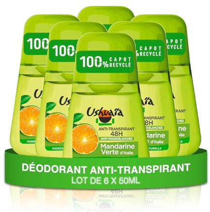 Ushuaïa - Déodorant Bille - Anti-Transpirant 48h Anti-Traces Blanches Mandarine Verte d'Italie - lot de 6 x 50ml