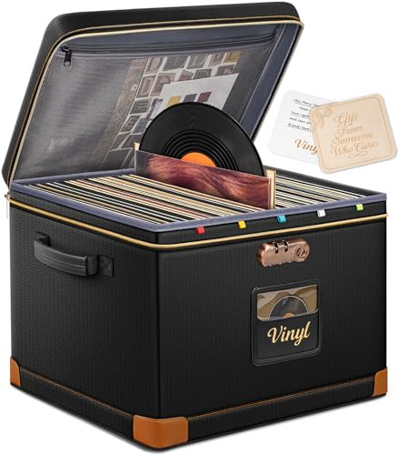 DEEGO Vinyl Record Storage Box with Lock, Fireproof & Water-Resistant Record Album Storage for 150+ 12-Inch LPs, Sturdy Record Case with Side & Bottom Support Panels, Gifts for Record Collectors