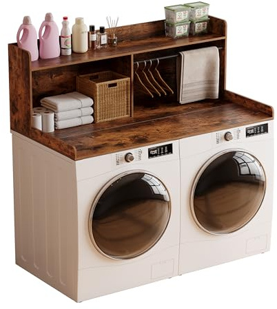 Unionly 2-Tier Washer Dryer Countertop with Clothes Rail，Laundry Topper with Edge and Non-Slip Pad for Washer and Dryer Laundry Hamper Counter Storage Organization (Rustic Brown, Full)