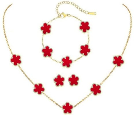 XFSRG TréBol de Cuatro conjunto de Joyas para Mujer 18k Oro Plateado Moda Conjunto Accesorios Collar Pendientes Pulsera Juego para Madres Novias（Rojo）