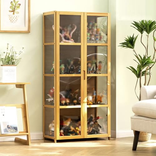 CHZIMADE Display Cabinet 4 Shelf with Acrylic Door 62 x 33 x 130cm Floor Standing Clear Showcase for Collectibles Trophy Books Natural