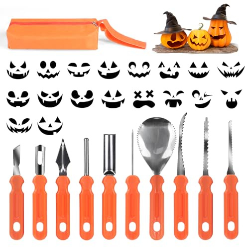 lalago Halloween Kürbis Schnitzset mit Vorlagen, 10 Stück Schnitzwerkzeug Kürbis Carving Set mit Tragetasche und 18 Schnitzvorlagen, DIY Edelstahl Kürbis Schnitzmesser für Kinder und Erwachsen