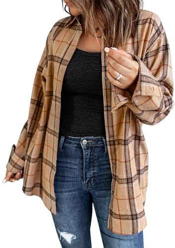 Fisoew Blusas de franela a cuadros de manga larga para mujer Chaquetas con botones Camisas casuales de manga larga, marrón claro, M