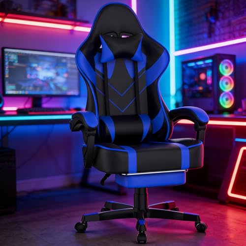 Soontrans Silla Gaming con Reposapies, Silla Gamer Ergonomica, Sillas Gaming con Masajeador, Reposacabezas, Cuero sintético, Alfombrilla de ratón, Altura Ajustable para Juegos（Negro y Azul）