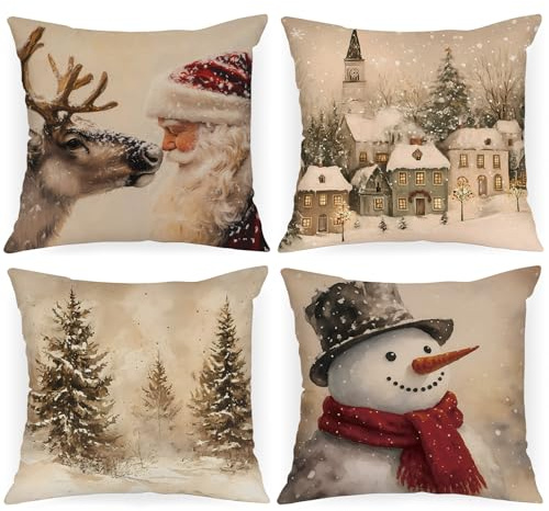 Lanpn 18x18 Christmas Throw Pillow Covers Set of 4, Snowman Santa Reindeer Vintage Christmas Pillow Cover Pillowcase Xmas Holiday Decorative Pillow case for Home Sofa Couch Living Room Decor 45x45cm