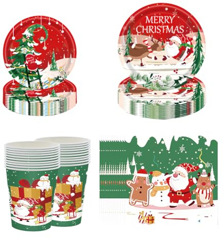 Juego Vajilla Fiesta Navidad,Vajilla De Papel Para Fiesta Navideña,Feliz Decoration Table Festa,Incluye Platos Rojos Servilletas y Vasos de Papel Para Decorar la Mesa de la Fiesta,96 piezas