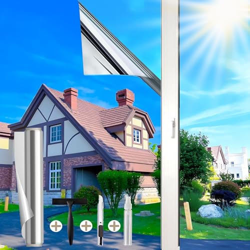 Cycbiki UV Schutzfolie Spiegelfolie Fenster Sichtschutz 100x120cm Hitzeschutzfolie Fenster Sonnenschutzfolie Fenster innen & außen Selbsthaftend Rückstandslose Fensterfolie für Ihre Haus/Büro Silber