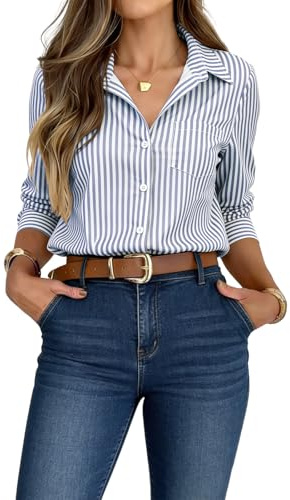 crazy bean Camicia Donna Manica Lunga Camicetta Bluse a Righe Elegante da Lavoro con Bottoni Copricostume Mare Casual Grigio XL