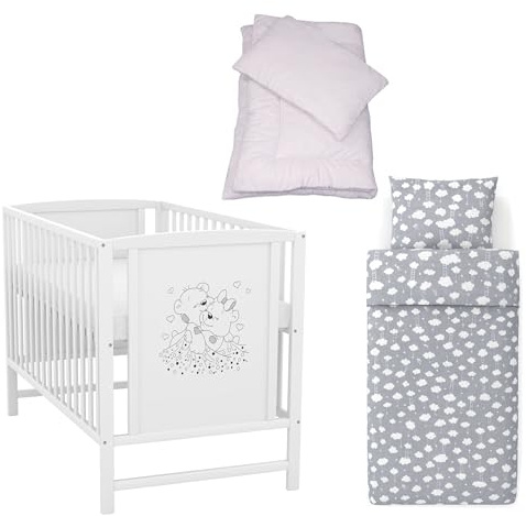 Generisch Baby-Delux Babybett 60x120 cm Mia Kinderbett Komplett Set weiß Matratze Bettwäsche (Wolke grau)